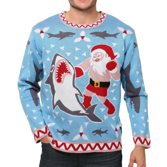 MEN’s XXL ugly Christmas sweater (worn one time) Santa vs Shark - Picture 1 of 8